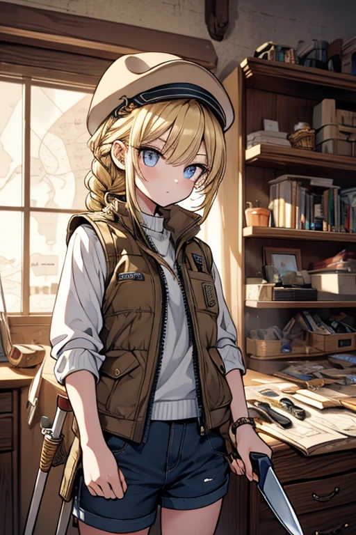 masterpiece, highest quality, Very detailed, 16k, Ultra-high resolution, Cowboy Shot, One  girl, Detailed face, Perfect Fingers, Golden Eyes, Blonde, Braid, A vest with many pockets, Shorts, Exploring knife, Safari Hat, compass, telescope, map, A cluttered room with lots of small items, Organizing tools