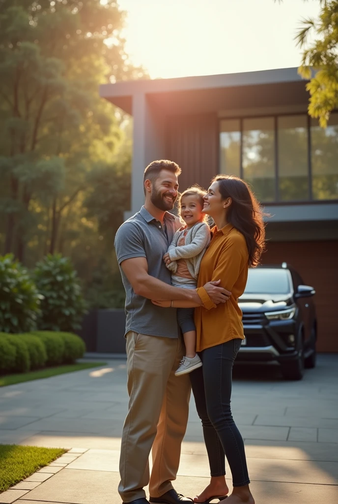 A happy family turned back on each other happily consisting of a brown-haired father, a mother with long brown hair, with his couple of children: a blonde and a , in front of his two-story mansion next to his red Dodge RAM pickup truck