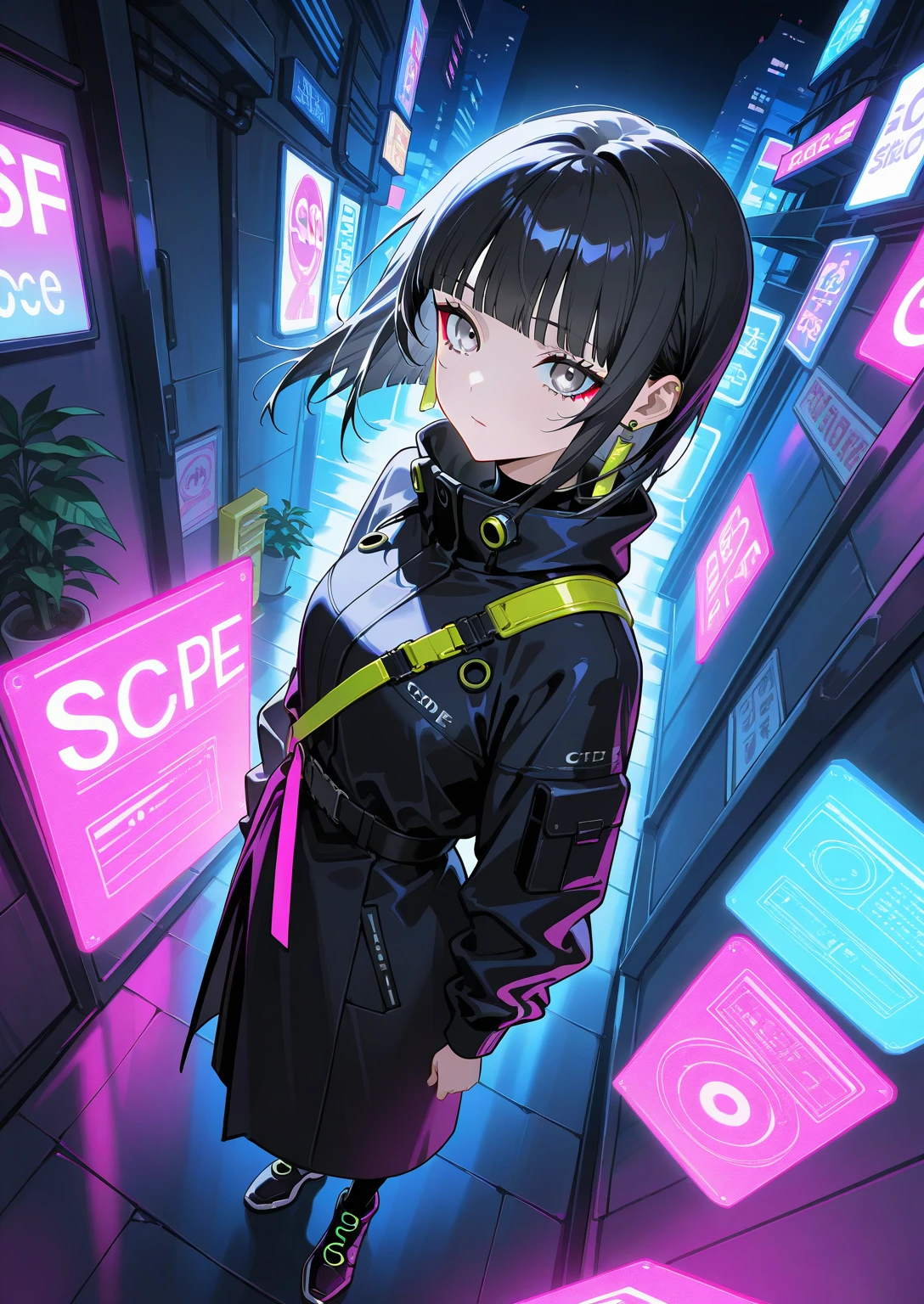 masterpiece,  top quality, Alone, Aesthetic, 8k,  absurd, 1 woman, artist: that _mame, artist:Lella , artist:_ Yonegama , Alone,  black hair ,  is watching viewers, earring,  bangs , blunt  bangs ,  long hair, plant,  wearing , Full body gray eyes ,  crazy angle ,  attractive composition, Techwear,  cyberpunk worldview ,  charming street fashion,  cyberpunk background ,