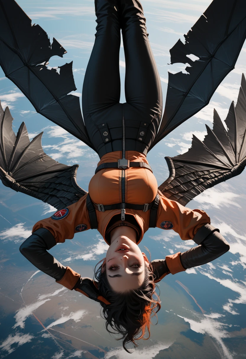 Score_9, score_8_up, score_7_up, 1woman, in free fall, viewed from above, (viewed from behind:1.37), (upside down), high altitude scene, plummeting head first towards Earth, the curve of the planet is visible, dressed in modern space suit, ((black wings extend from her back)), (badly damaged wings:1.3)