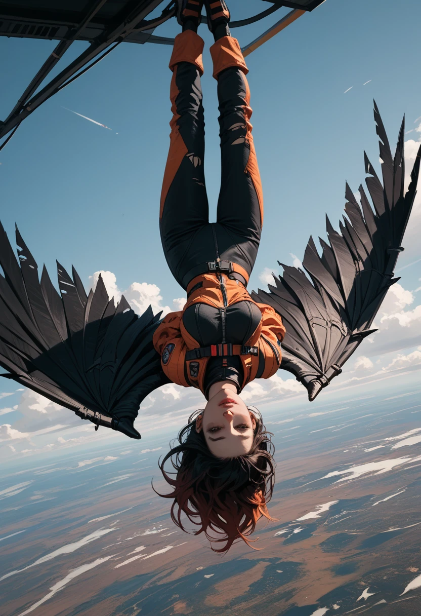 Score_9, score_8_up, score_7_up, 1woman, in free fall, viewed from above, (viewed from behind:1.37), (upside down), high altitude scene, plummeting head first towards Earth, the curve of the planet is visible, dressed in modern space suit, ((black wings extend from her back)), (badly damaged wings:1.3)