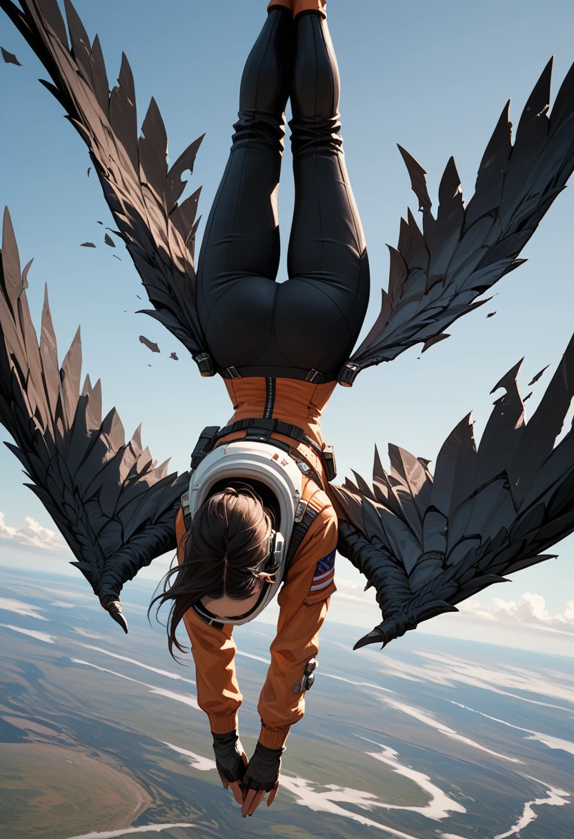 Score_9, score_8_up, score_7_up, 1woman, in free fall, viewed from above, (viewed from behind:1.37), (upside down), high altitude scene, plummeting head first towards Earth, the curve of the planet is visible, dressed in modern space suit, ((black wings extend from her back)), (badly damaged wings:1.3)