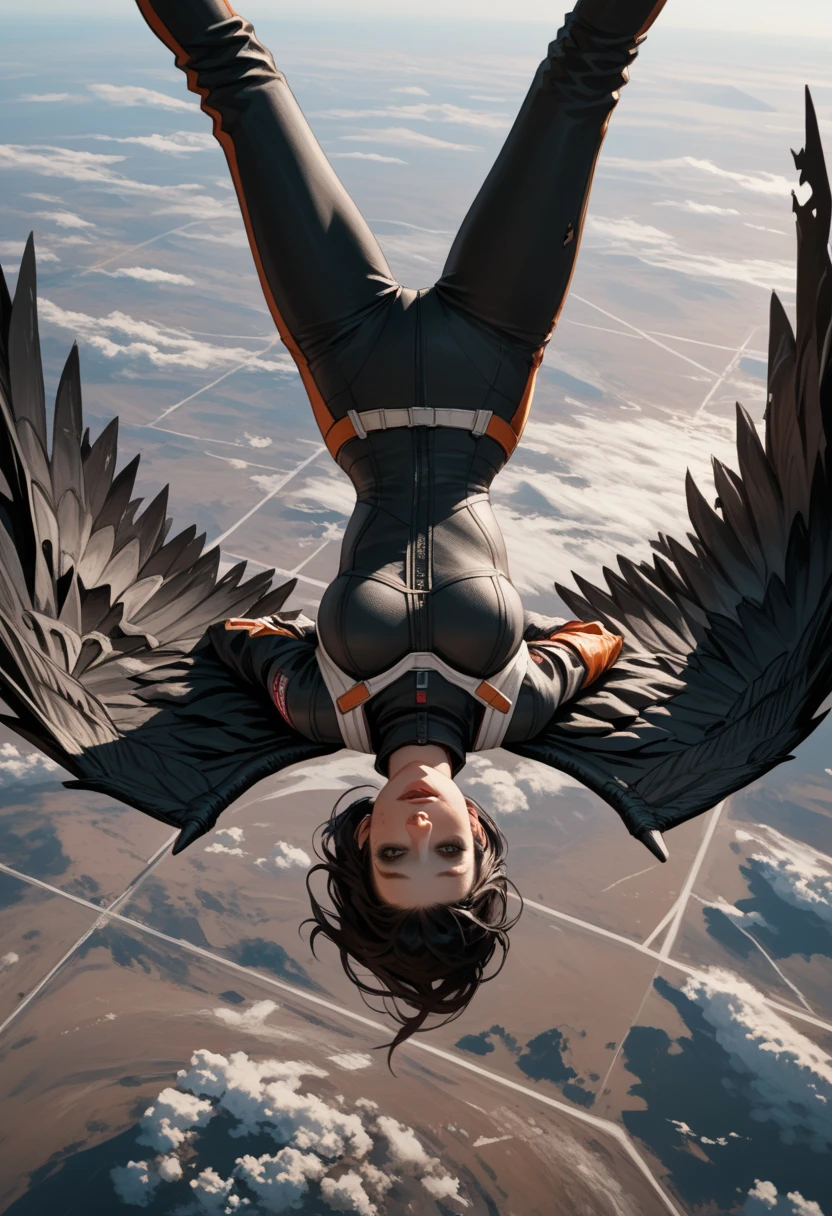 Score_9, score_8_up, score_7_up, 1woman, in free fall, viewed from above, (viewed from behind:1.37), (upside down), high altitude scene, plummeting head first towards Earth, the curve of the planet is visible, dressed in modern space suit, ((black wings extend from her back)), (badly damaged wings:1.3)