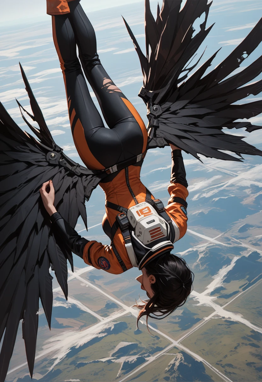 Score_9, score_8_up, score_7_up, 1woman, in free fall, viewed from above, (viewed from behind:1.37), (upside down), high altitude scene, plummeting head first towards Earth, the curve of the planet is visible, dressed in modern space suit, ((black wings extend from her back)), (badly damaged wings:1.3)