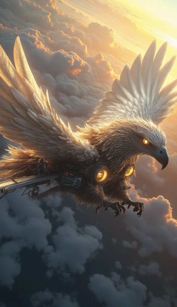 A fusion of an eagle and an airplane, depicted as an awe-inspiring hybrid. The airplane’s wings are feathered, with a gradient of white to golden brown, resembling the eagle’s plumage. The cockpit forms the head of the eagle, with fierce golden eyes and a metallic beak that opens to reveal advanced jet turbines. The tail of the airplane has feathers that shift and glow as it maneuvers in the sky. The backdrop is a vibrant sky, with glowing clouds and distant mountains, giving a sense of speed, freedom, and power.