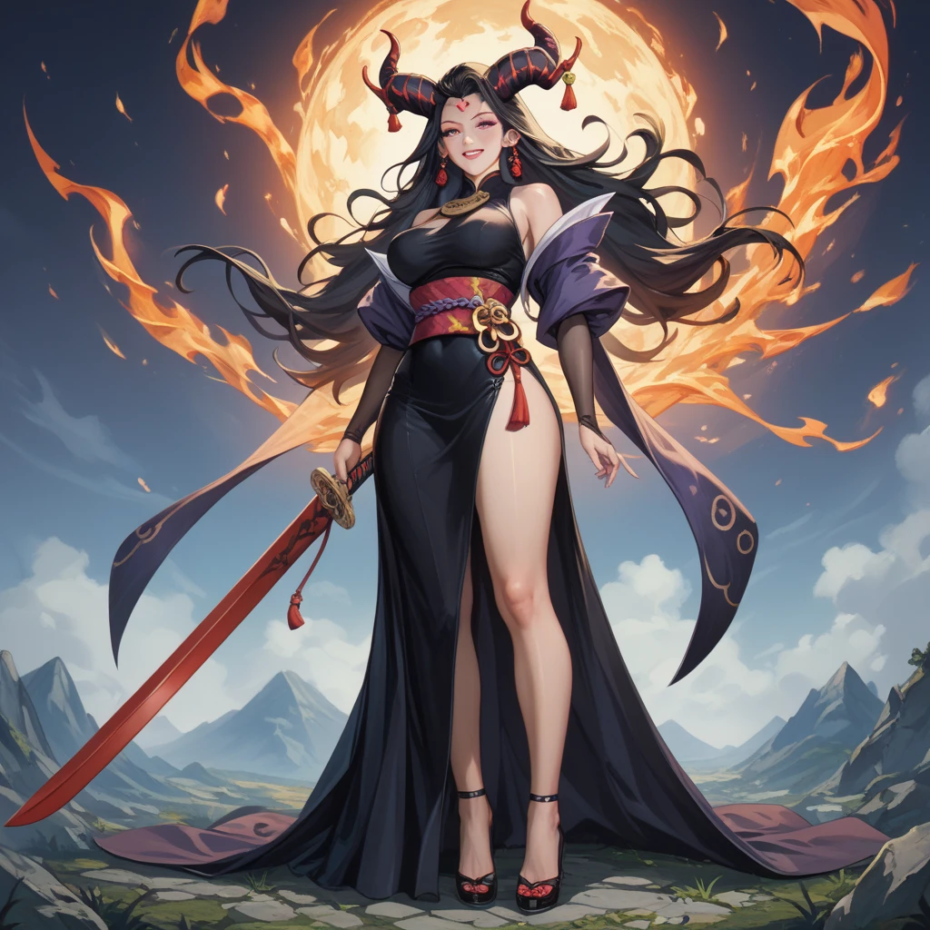 a cartoon image of a woman in a suit with a sword, extremely detailed artgerm,  succubus in short tight dress, Goddess of Pain - Masterpiece, Powerful and fat sorceress , Onmyoji Detailed Art, full body xianxia, anime goddess,  8k high quality detailed art , the evil fire witch, black haired mage