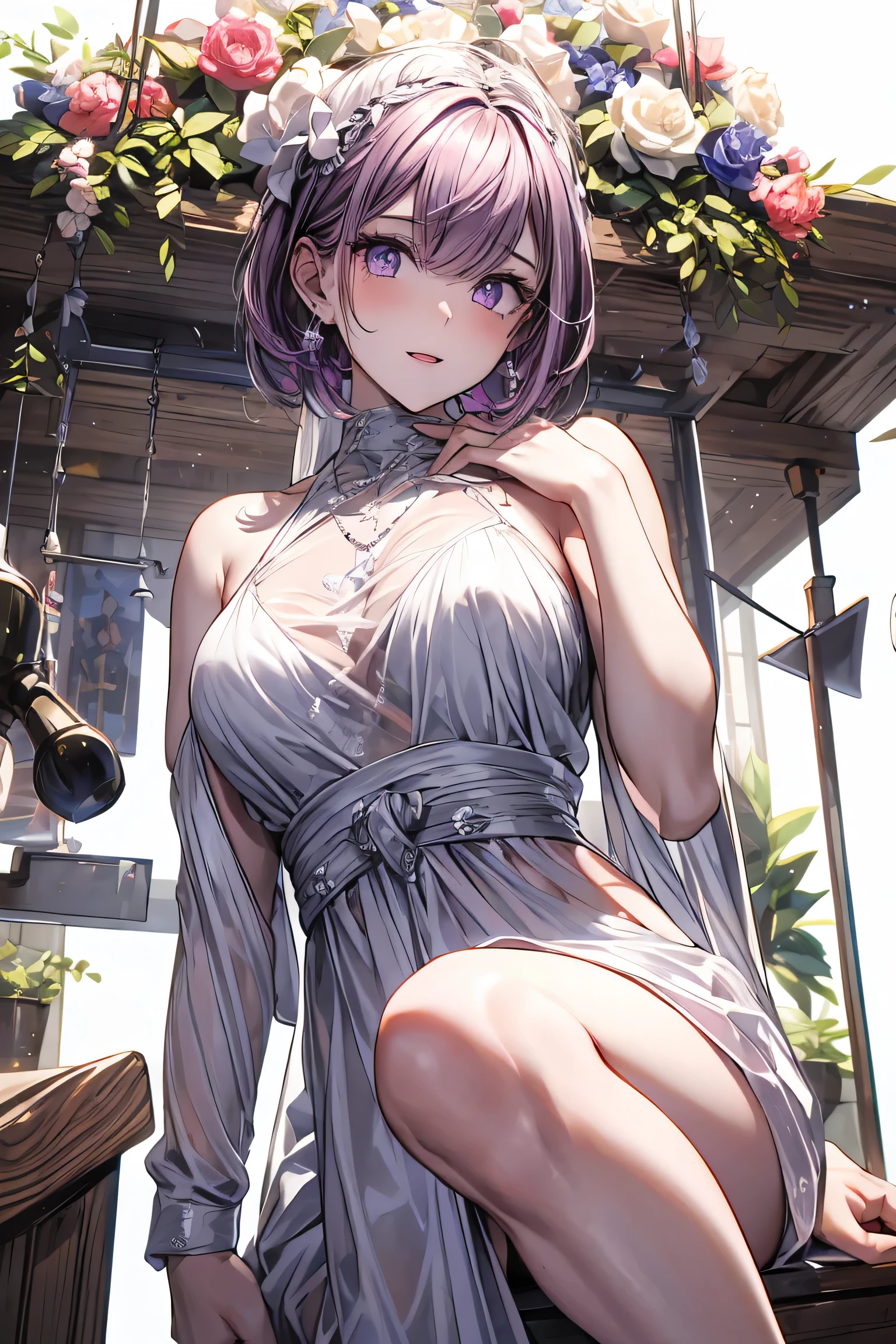 (the above:1.2), girl , Purple Hair 、 purplish pink eyes looking for the dreamer , ( blondes) , is short , Colossal , On, (masterpiece:1.2, 最 High Quality ), ( beautifully and carefully drawn eyes : 1.2), ( beautiful detailed face ), ( tight breasts:1.1), (Pointed Chest:1.0), (Cake magazine cover:1.3),(Best lighting, extremely delicate and beautiful), hiding sexy poses ,Making a Cocktail , I only have 5 fingers , ((Cinematic Light)), Dramatic light, (Pale white background:1.5), short bob hair (1:3)、 extreme contrast 、 slightly braided hair around your ears , White long dress、 on the bar counter 、 white string standing on Table On at the foot of the volcano 、Wet Pants、 In your underwear ' What I can see 、 sweated、 ridiculous gaze 、Diapers、 nffs, Standing on Table On at the foot of the volcano 、 grab your arm、Shoot the above:1.2,最 High Quality 、 big breasts and a muscular sexy pussy 、pubic hair, high image quality、 High Quality 、8k,perfect hand、5 fingers、finger pin、 perfect finger、thong, noise reduction as original image 、Bullet Hand、 her hair color must have been bright purple . The skirt part is also carefully expressed ..、purple skirt、The skirt is swaying in the wind、dark purple panties、thin pubic hair ,( shining eyes and an infectious smile ), open mouth, 最 High Quality , high definition , The Real World, natural light,perfect natural light, looking at viewer,