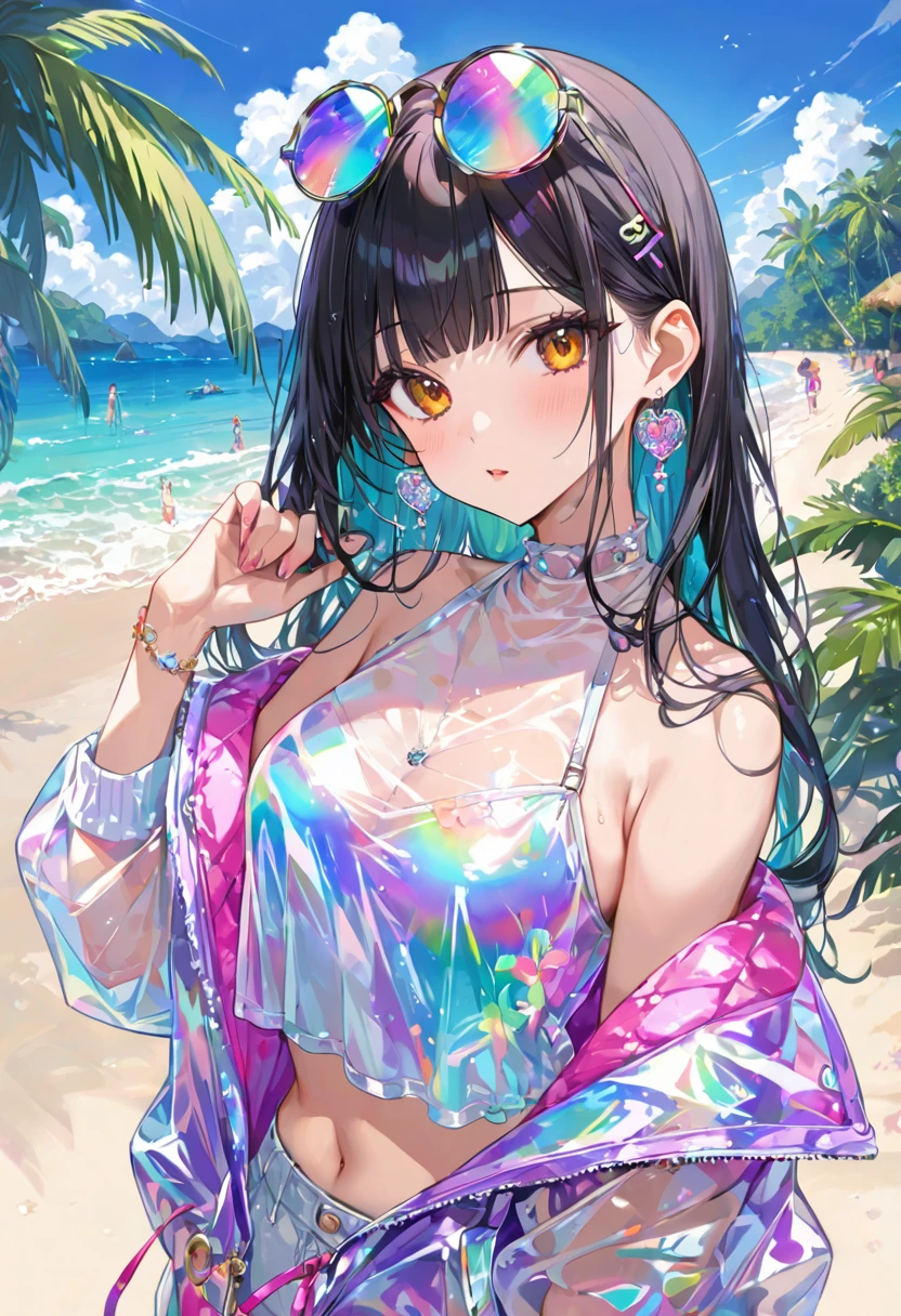 Transparent PVC clothing,  Clear Colored Vinyl Material Clothes, prism,  Holographic ,  Color Difference,  Fashion Illustration , masterpiece, Harajuku Fashion Girl ,  long black hair， watching viewers against a tropical island in the background, 8k,  super detailed ,  pixib
, masterpiece,  top quality , score_9, score_8_up, score_7_up,  Ultra Details,
,masterpiece,  top quality , score_9, score_8_up, score_7_up,  Ultra Details, Best A, Medium B, Low C, Bad D,