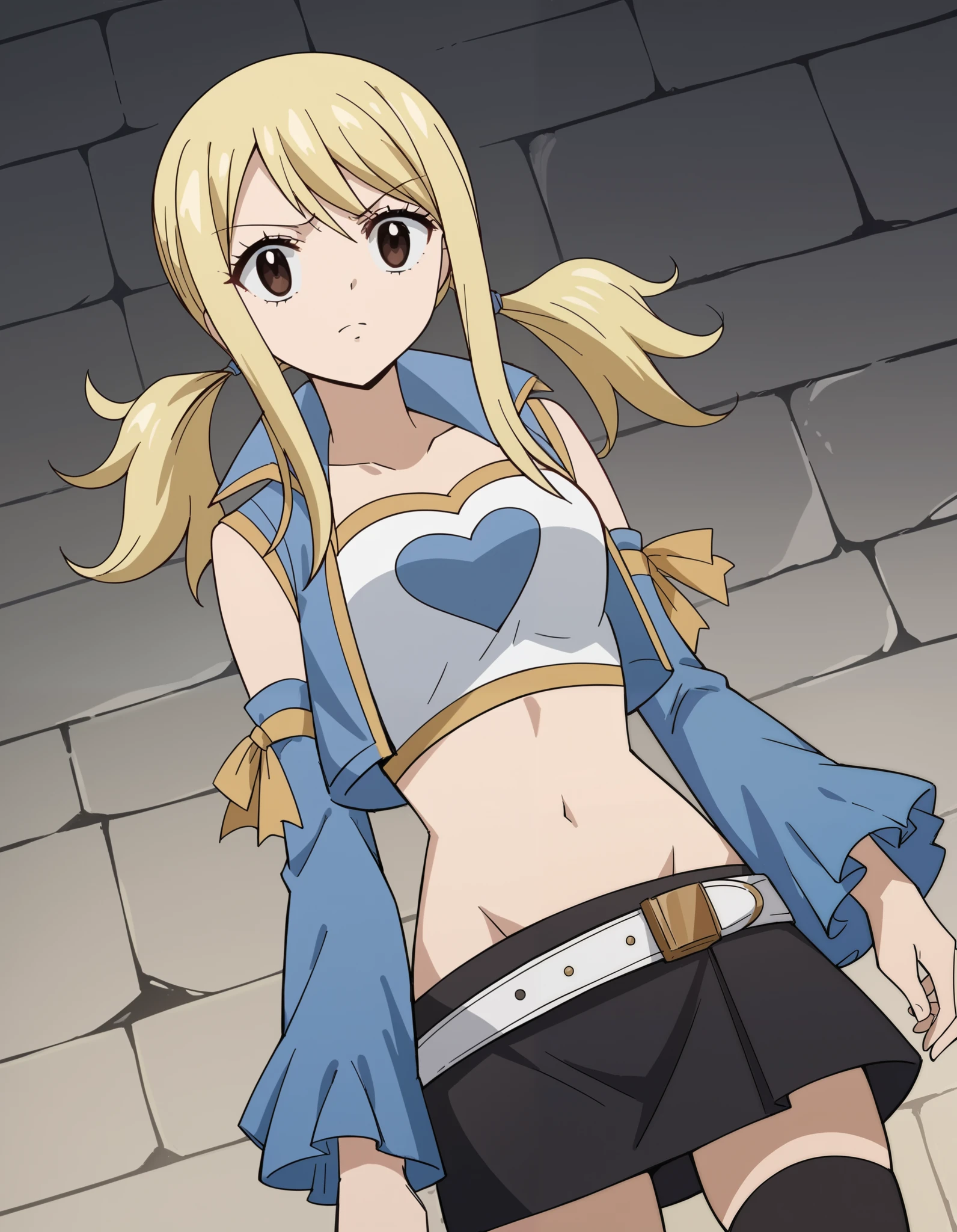 score_9, score_8_up, score_7_up,  source_Anime,
 Lucy Heartfilia,  Lucy Heartfilia, Blonde,  brown eyes,  long hair,
 Twin Tails , low  Twin Tails ,  side lock, belly button,  clevis on a stone, Separate sleeves, midriff,  crop top,  cropped jacket,  blue jacket ,  skirt, black  skirt, mini skirt, belt,  thigh high socks , black  thigh high socks ,
indoors
Watching viewers ,  cowboy shot, Alone,  Dutch Angle,