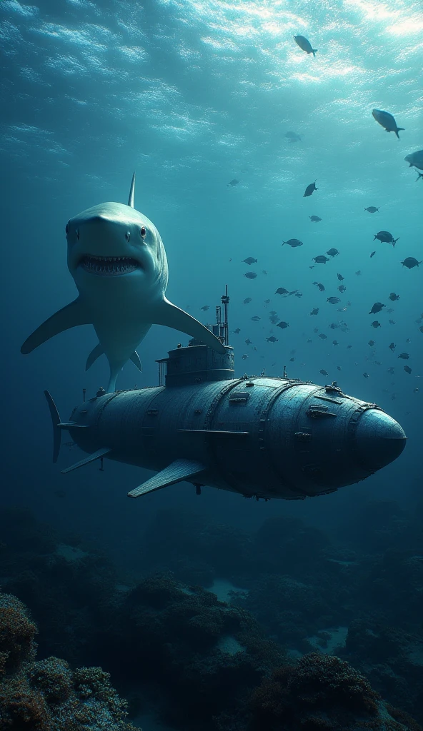 A highly detailed underwater scene where a great white shark swims alongside a sleek, modern submarine. The shark’s sharp teeth glint in the dim light filtering through the ocean, while the submarine’s metallic surface reflects the deep blue surroundings. Schools of fish scatter in the distance as the two creatures—one natural, one mechanical—move in tandem. Coral reefs and shipwrecks decorate the ocean floor below, creating an immersive, mysterious environment.
