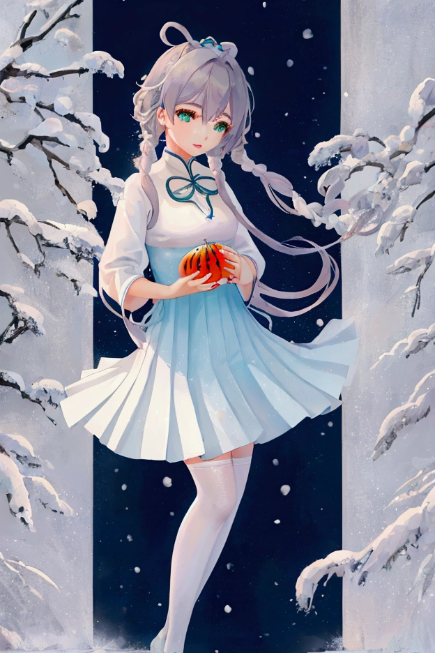  a girl ， white shirt ， blue pleated skirt ， with curly lashes， has a delicate melon face ，, thin red lips ，Liu Mei's long slender dress is underneath a pair of snow-white, slender jade feet， white stockings