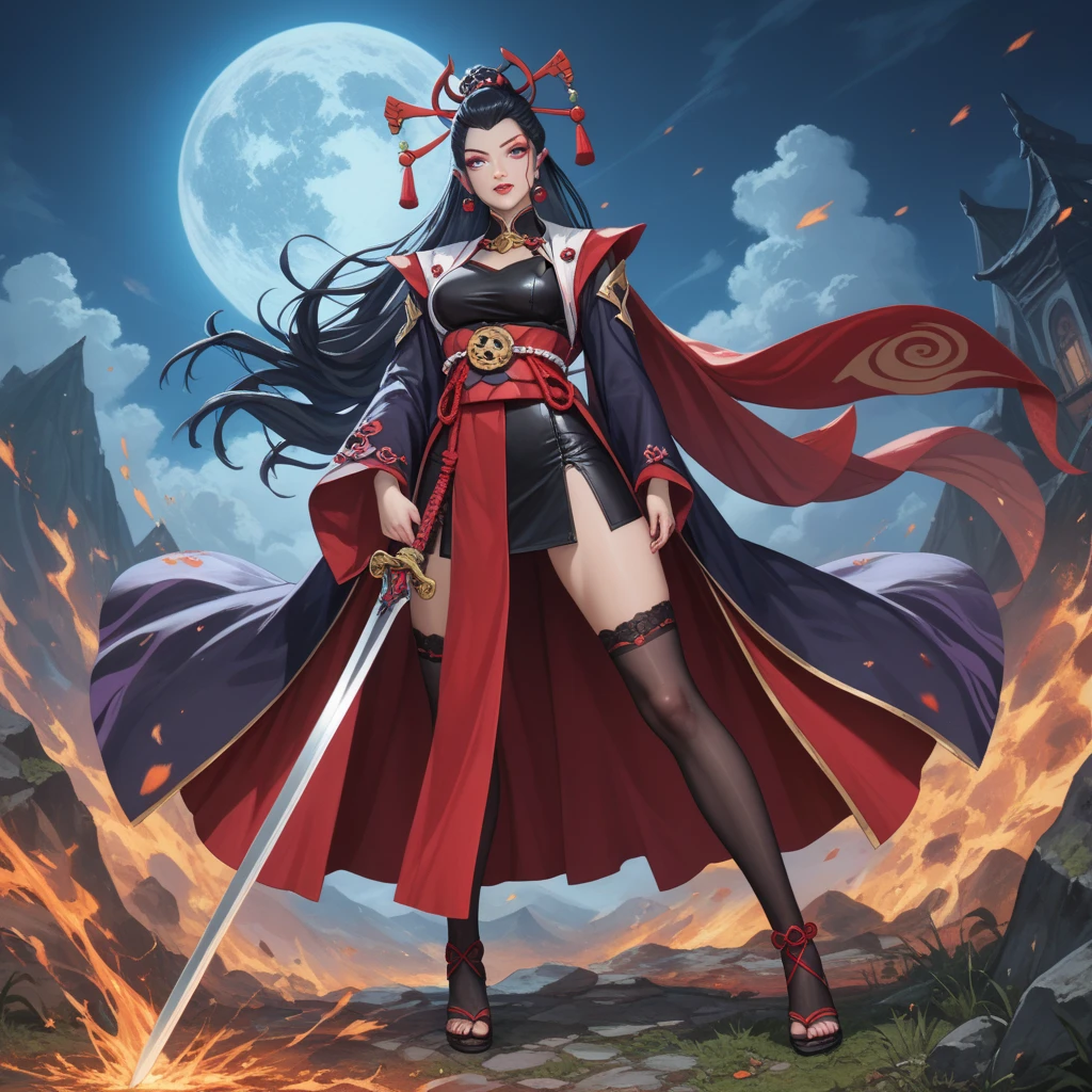 a woman in a costume with a sword, extremely detailed artgerm,  succubus in short tight dress, Goddess of Pain - Masterpiece, Powerful and fat sorceress , Onmyoji Detailed Art, full body xianxia, anime goddess,  8k high quality detailed art , the evil fire witch, black haired mage,  anime art 