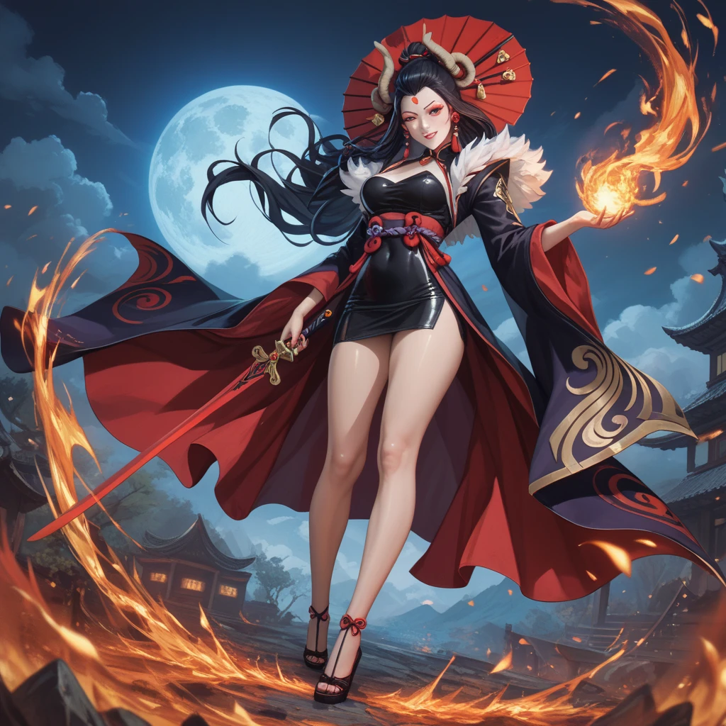 a woman in a costume with a sword, extremely detailed artgerm,  succubus in short tight dress, Goddess of Pain - Masterpiece, Powerful and fat sorceress , Onmyoji Detailed Art, full body xianxia, anime goddess,  8k high quality detailed art , the evil fire witch, black haired mage,  anime art 