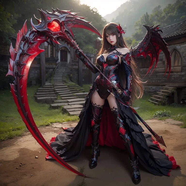 (best quality,4k,highres,masterpiece:1.2),ultra-detailed,(realistic,photorealistic:1.37),(highest quality), (detailed), Light Layer, Shiny skin, (intricate detailed, Tight clothes, Devil's Wings, hair ornaments:1.2), From above, Black Hair, Black choker, Long Hair, Hime cut, woman, Blunt bangs, Side Lock, Red eyes, Holding a walking stick,Holding a scythe,Holding a sword, (young woman:1.1), Side Ponytail (Simple Background:1.1),