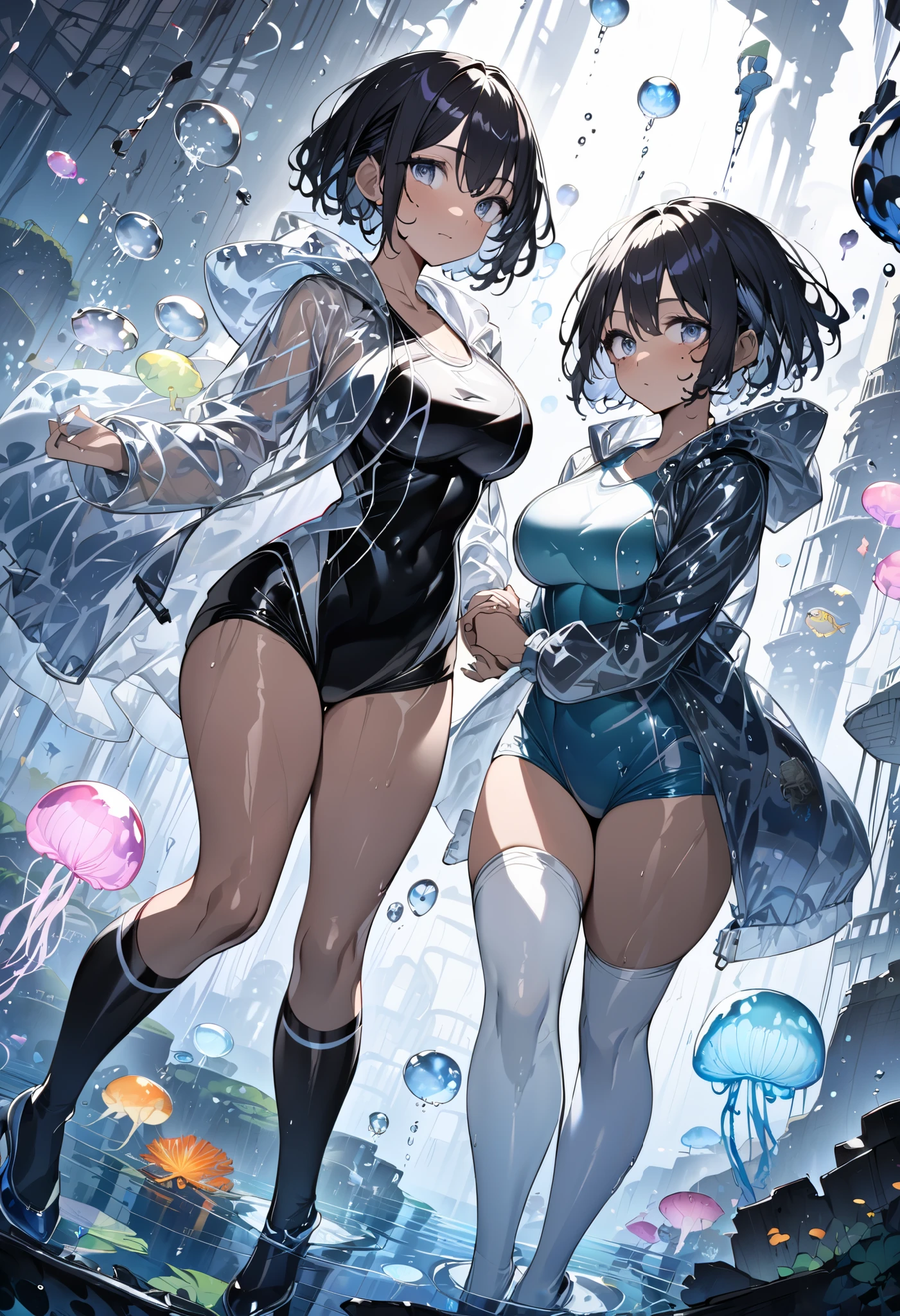 multiple girls, giantess art, highly detailed giantess shot, giantess, most detailed, perfect face, two legs, five fingers, short hair, beautiful girl bigger than a skyscraper, wearing rimless glasses, smiling, huge breasts, swimsuit, stiletto heels, under heavy attack, seaside metropolis, numerous miniature warships on the sea, very small metropolis, miniature metropolis, full body depiction, GTS, giga giant, trampling city, crush city, tiny city, micro city, high resolution, best quality, masterpiece,