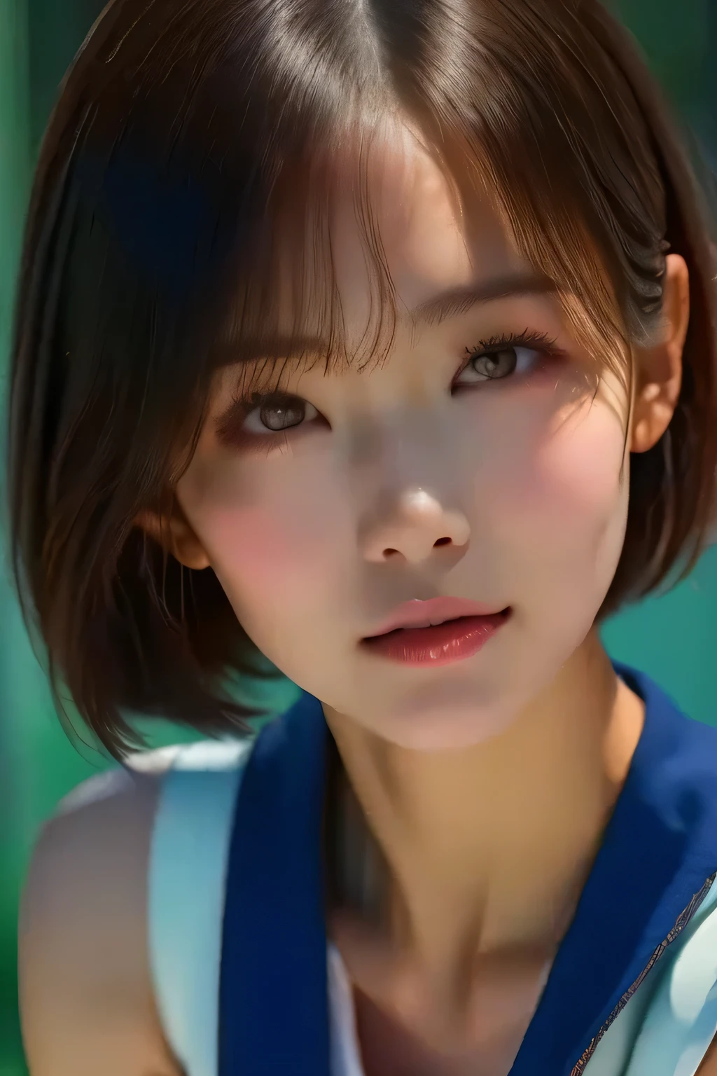  top quality ,  face focus,  soft light,  super high resolution , ( photo realistic:1.4),  RAW photos ,  1 Japanese Girl , solo, cute, ( smile shyly :0.5), ( brown eyes,  light in the eye),  detailed and beautiful face, ( small breasts), ( high-resolution details of human skin texture), ( short bob hair ), break, In the classroom,  navy blue sailor suit , vest,  skirt