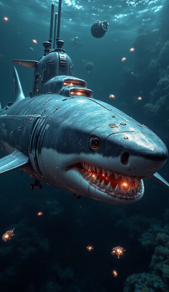 A jaw-dropping hybrid of a shark and a submarine. The shark’s body is transformed into a sleek metallic design, retaining its natural shape but with mechanical elements like glowing fins and gill-like vents. The dorsal fin doubles as a periscope, and the tail fin becomes a powerful propulsion system. The shark’s mouth, filled with razor-sharp steel teeth, opens to reveal torpedo launchers. The scene is set in the deep ocean, with glowing bioluminescent creatures surrounding the hybrid as it glides through dark waters.
