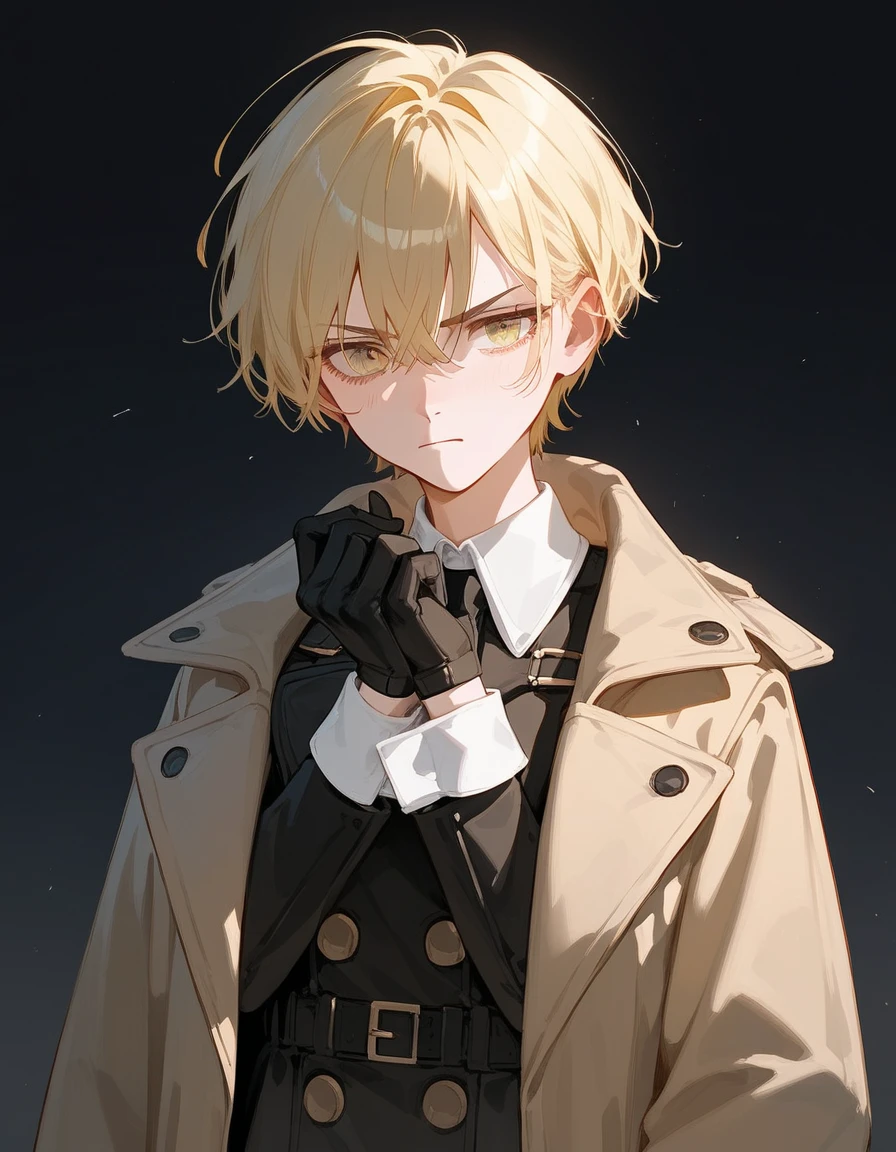  kvinner, light yellow hair cuffs,Short hair,Black long trench coat, medium face , Black Glove ,With ,Irritated face, dark edges