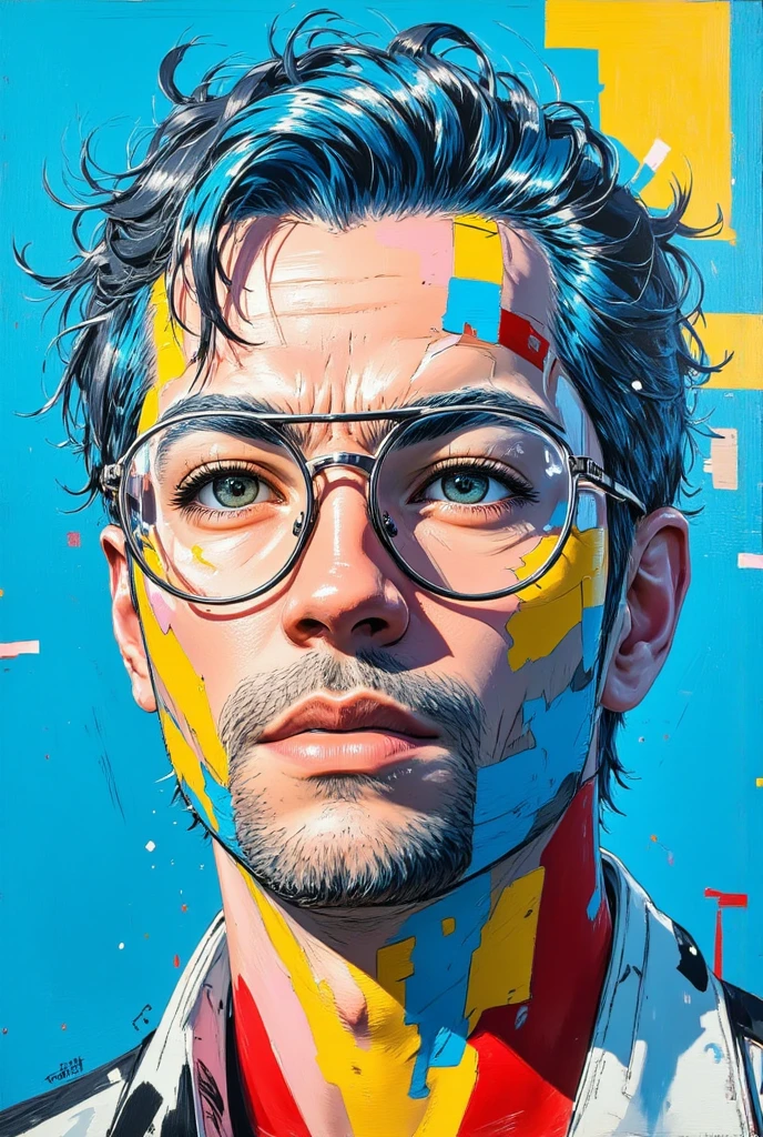 A conceptual portrait by Sozdatel of an elongated male face with a captivating gaze, looking up and to the left. The man wears large round glasses with thin frames and has blue, tousled hair with laid-back bangs. The painting style is bold and textured, using bright oil paints and wide strokes of a stiff brush, combining red, yellow, blue, and white hues. The background is a vivid azure, merging abstract graffiti elements with a sense of high fashion.