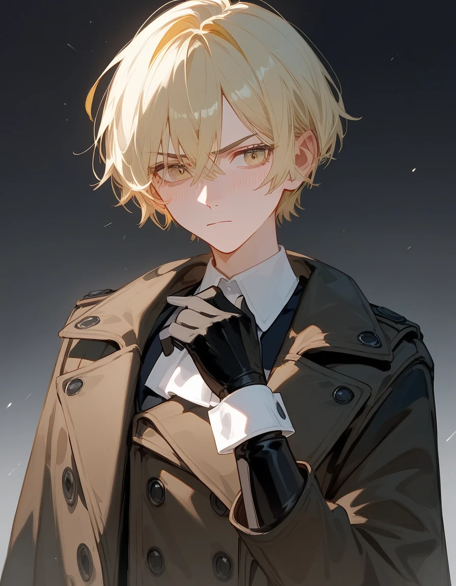  kvinner, light yellow hair cuffs,Short hair,Black long trench coat, medium face , Black Glove ,With ,Irritated face, dark edges