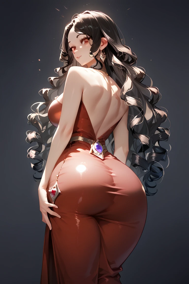  animation style , frontal, sexy face, sexy, Latina,  black very long curly hair,  big boobs , big ass,  looking at camera , Ruby eyes ,  Fantasy Dress 