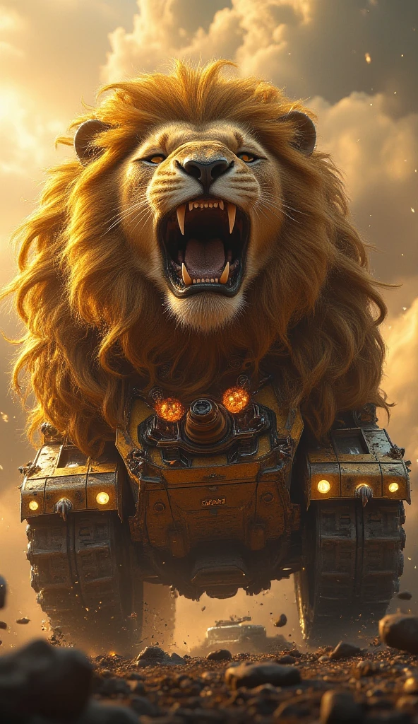 A breathtaking hybrid of a lion and an armored tank. The tank’s body is covered with golden fur resembling the lion’s coat, with its massive turret forming the lion’s roaring face. The barrel of the cannon extends from the open jaws, while mechanical claws grip the ground like tank treads. The lion’s flowing mane is fused with a series of glowing, armored plates, radiating strength. The backdrop is a battlefield, with smoke, fire, and a dramatic golden sky emphasizing the unstoppable force of this hybrid creation.