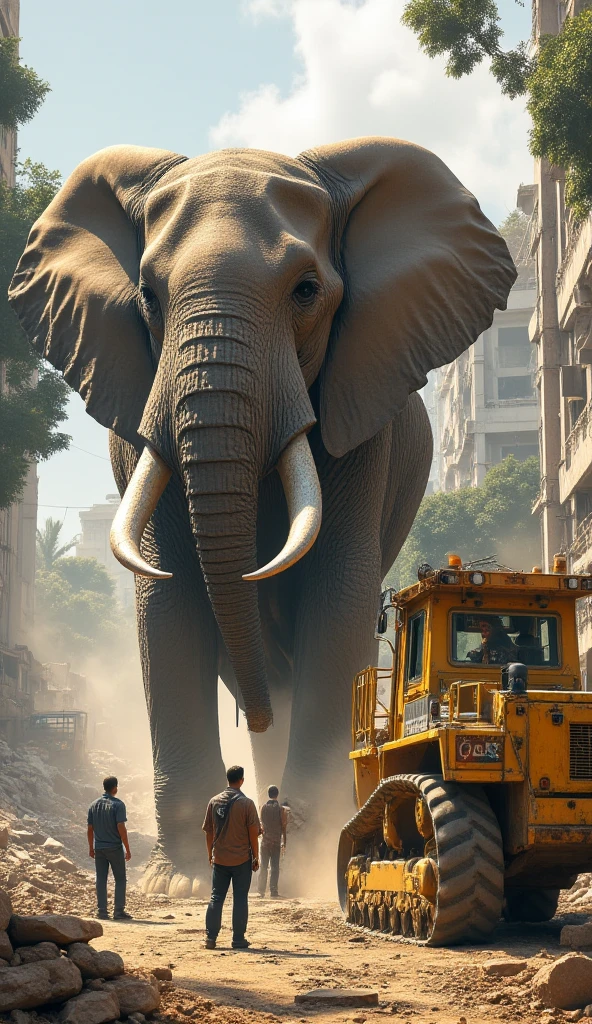 A colossal elephant stands in the middle of a construction site, facing a massive yellow bulldozer. The elephant’s tusks gleam in the sunlight, while the bulldozer’s steel blade reflects its towering figure. Dust and debris fill the air as workers pause to watch the standoff between nature’s gentle giant and industrial machinery. In the background, half-demolished buildings and large trees add depth to the scene.