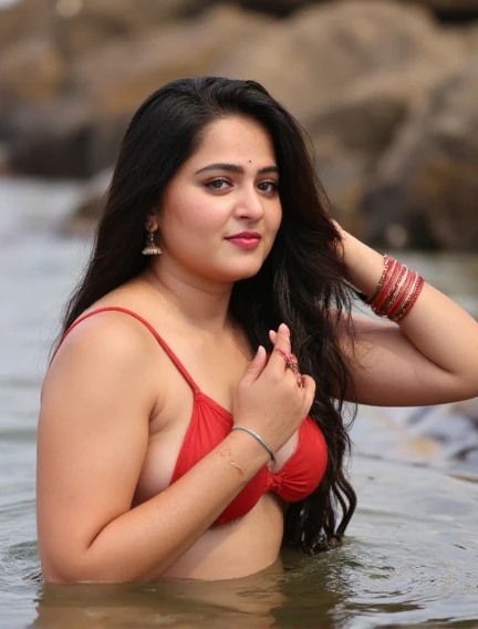 Vermilion (Sindoor) Hinduism tradition,       35 years Woman, MILF,  Mature indian BRIDE, Wet CURVY FIT PAWG MARRIED INDIAN BRIDE, full body picture , Wet curvy, wet Desi Bhabhi showing her big ass  in sexy red thong transperent Bikini and showing cleavage and in many bangles in hands,earings, necklace, navel,Indian, Chubby, showing her curves in sea water, sea waves , rocks, henna mehndi designs on both hands, red Bangles , gold ornaments, wearing Vermilion (Sindoor) Hinduism tradition, CHUBBY