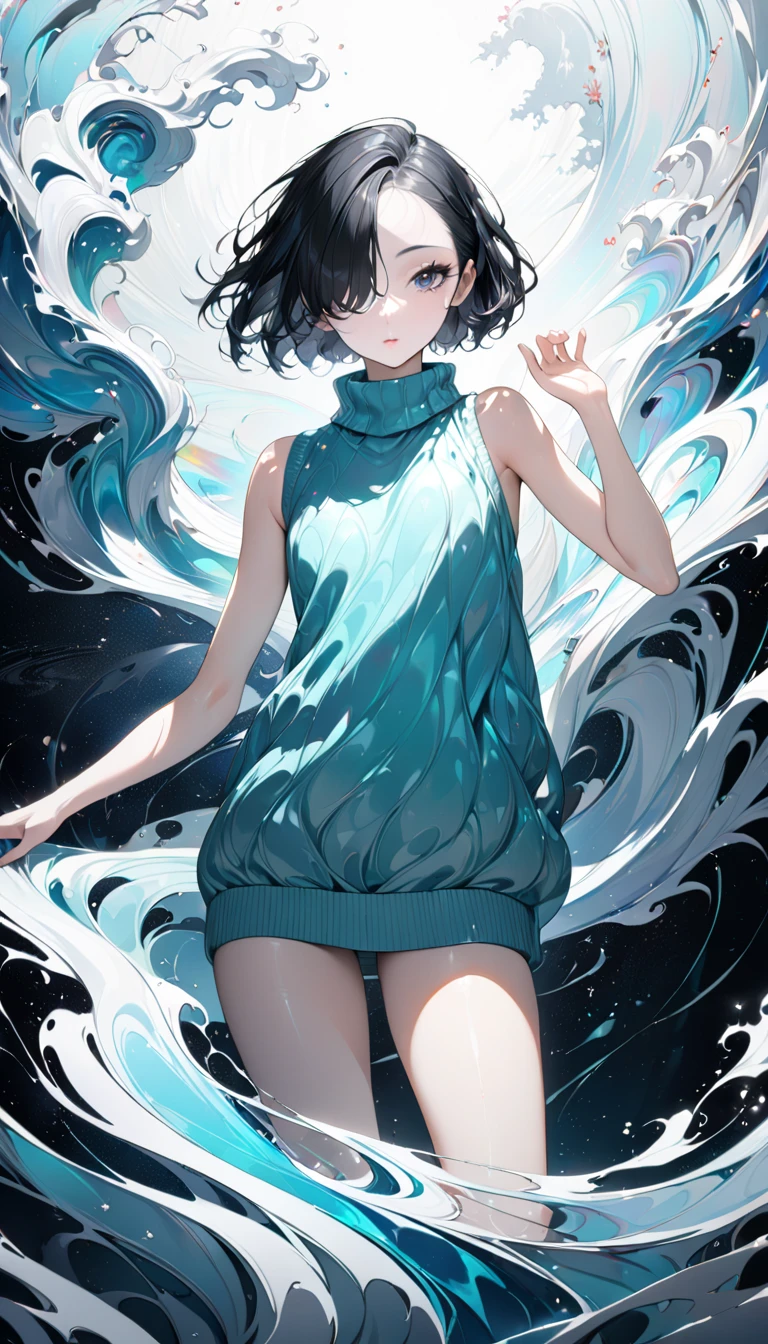 Japanese painting, Ukiyo-e style, cool beauty, iridescent pure white shining glossy silky wavy short hair, forehead, hair over one eye, vivid and seductive expression, superlative great body proportion, one hand raised high, wearing loose black sleeveless fluffy knit long sweater, background Tiffany Blue, effective effects, bold and dynamic, contrasts of light and shadow, 2.5D, artistic photography, hyper realistic, ultra detailed, absolutely resolution, masterpiece