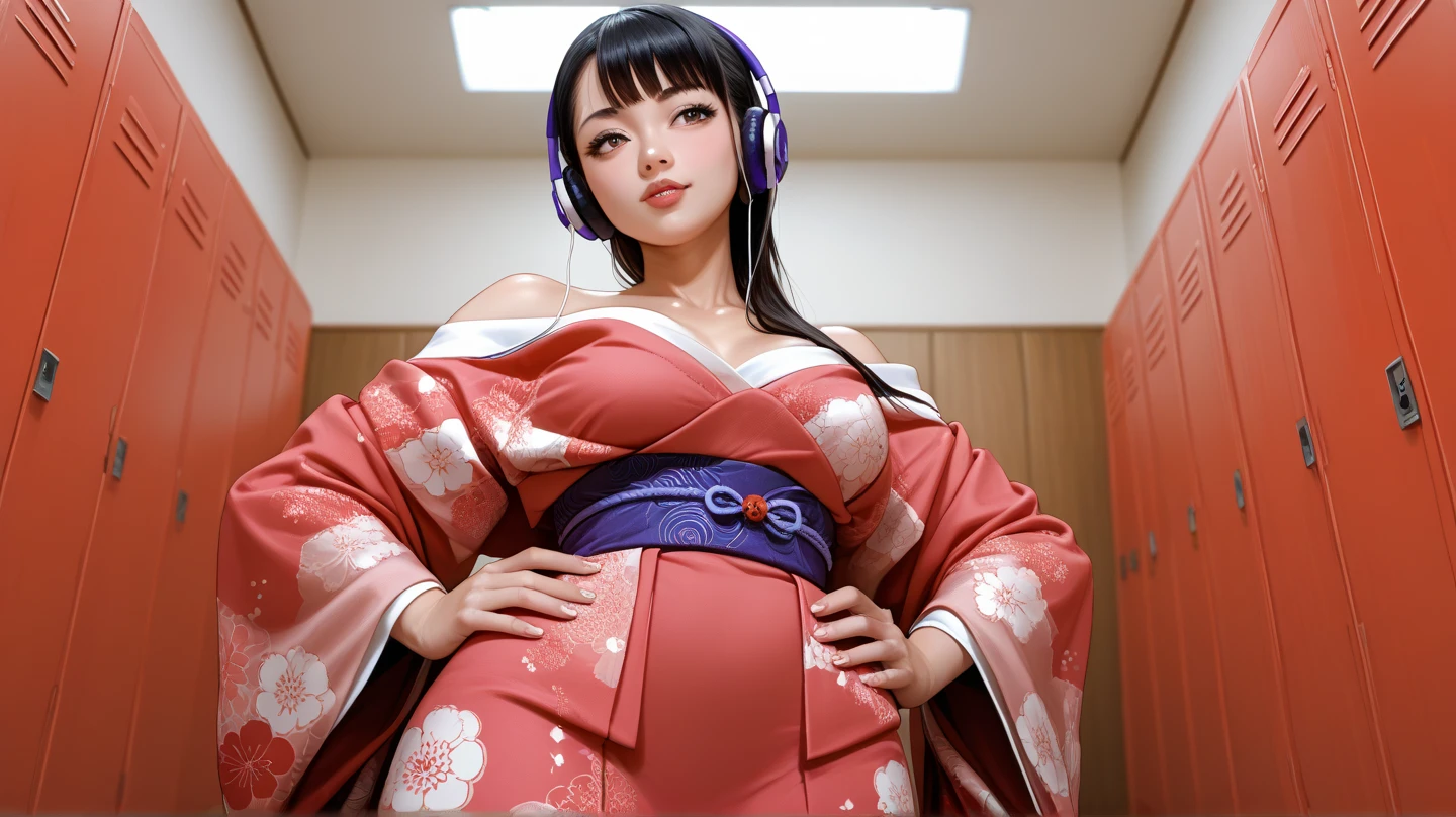 “Create a female character with a youthful and lively appearance. She has long, straight black hair that is styled in a traditional Japanese style with bangs framing her face. She wears a unique modern short kimono with a modern design and bright colors. The four-piece kimono, pink and purple, is slightly off-shoulder, revealing a delicate and elegant appearance. She wears headphones around her neck to add a modern touch to her outfit. Her expression is confident yet playful, reflecting her cool and modern personality. The overall aesthetic combines traditional Japanese elements with modern style. grotesque1girl, alone, shiei satonagawa, as, standing, hot body, tone, small waist, wide hips, from below, looking to the side, locker room, hands on hips, brown, as focus,
masterpiece, best quality,