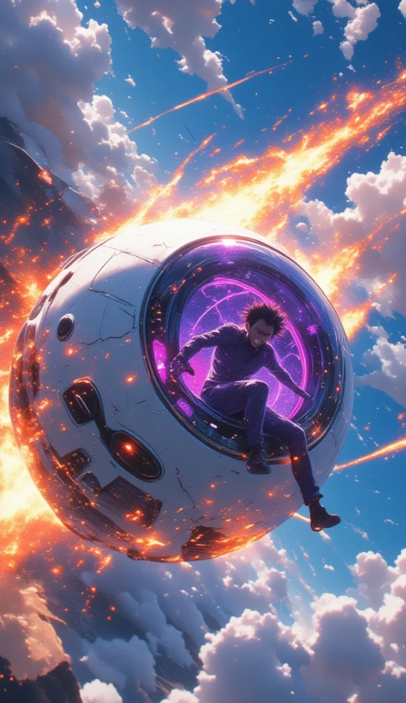 An anime of a spherical pod descending dramatically from the sky, trailing fiery comet-like streaks of orange and red flames and glowing embers. The pod is white and spherical, resembling a white tennis ball with a round purple window, showing a man with spiky hair sitting angrily within. Show the sky and the terrain with the pod high in the air. The scene captures speed and motion, with the pod angled diagonally downward, giving a sense of rapid descent. Motion blur and aerodynamic air friction wind effects can be seen.