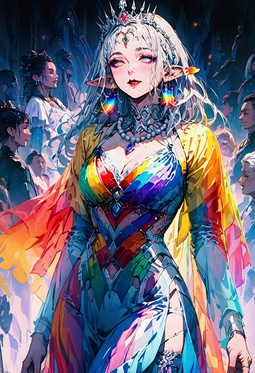 a middle-aged elf woman, -up, sexy, mature, queen, a rainbow dress ,rainbow eyes, silver hair, makeup, multicolored eyes, glowing eyes, happy, pointy ears, white Sandals, rainbow crystal earrings, light smile, rainbow crown, rainbow jewelry, bead necklace, hair beads, forehead jewel, tiara, UHD, masterpiece, accurate, anatomically correct, super detail, high details, high quality, best quality, highres
