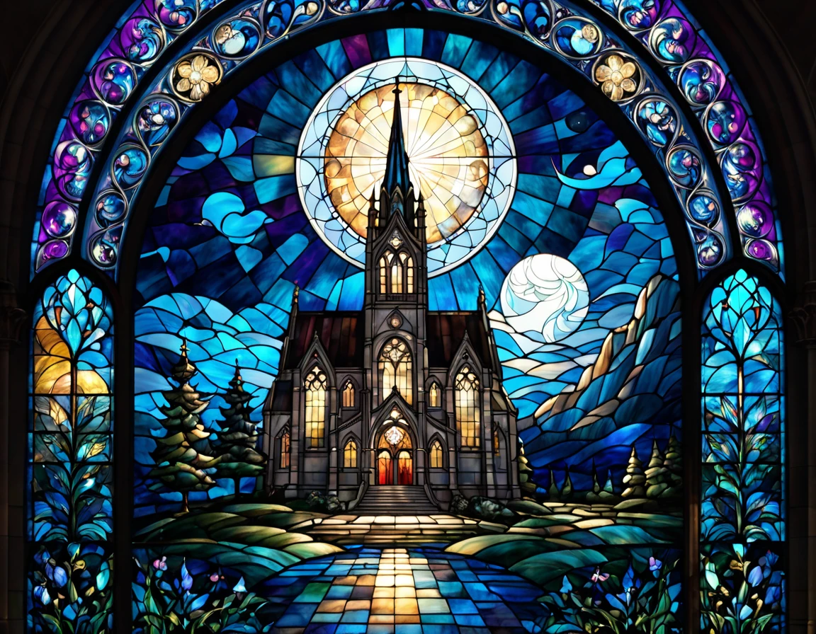 stained glass,Church,Moonlight,fantasy,beautiful scene