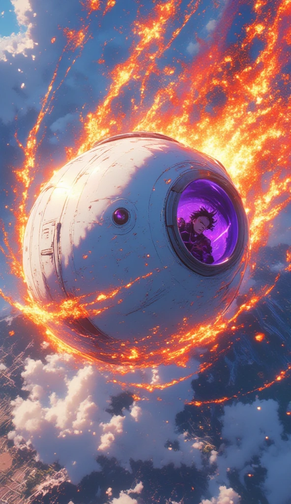 An anime of a spherical pod descending dramatically from the sky, trailing fiery comet-like streaks of orange and red flames and glowing embers. The pod is white and spherical, resembling a white tennis ball with a round purple window, showing a man with spiky hair sitting angrily within. Show the sky and the terrain with the pod high in the air. The scene captures speed and motion, with the pod angled diagonally downward, giving a sense of rapid descent. Motion blur and aerodynamic air friction wind effects can be seen.