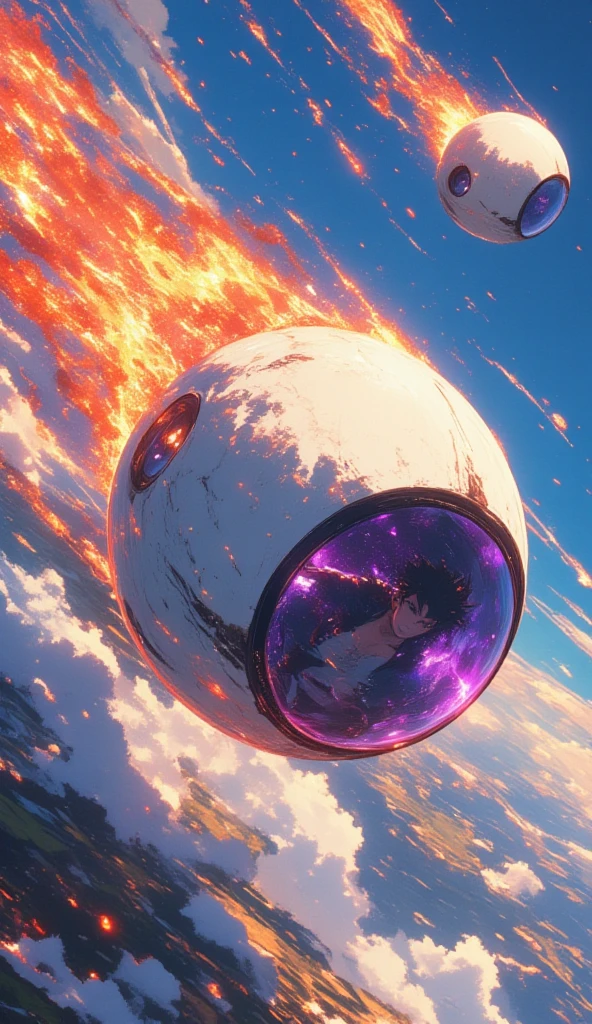 An anime of a spherical pod descending dramatically from the sky, trailing fiery comet-like streaks of orange and red flames and glowing embers. The pod is white and spherical, resembling a white tennis ball with a round purple window, showing a man with spiky hair sitting angrily within. Show the sky and the terrain with the pod high in the air. The scene captures speed and motion, with the pod angled diagonally downward, giving a sense of rapid descent. Motion blur and aerodynamic air friction wind effects can be seen.