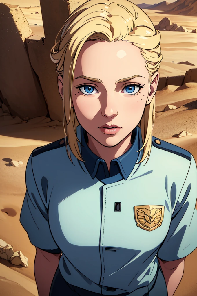 Young man, high school uniform, short light blond hair, light blue eyes, long eyelashes, very light skin, mole, in the desert, fish flying in the sky, building destroyed and buried by sand, winged fish in the sky, full body visible, magical world, (best quality,4k,8k,highres,masterpiece:1.2),ultra-detailed,(realistic,photorealistic,photo-realistic:1.37),highly detailed face, detailed uniform, intricate desert scenery, dramatic lighting, warm color palette, cinematic composition.