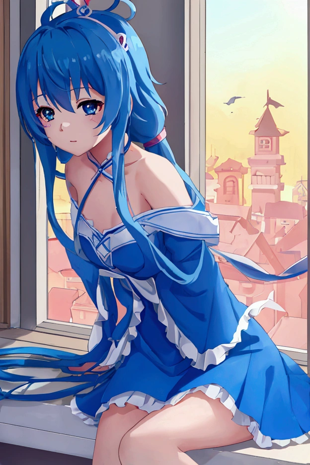 Anime girl with blue hair and blue dress sitting on a window sill,  Animated Cute Style , animated visual effects， Cute Girl,  seductive anime girl  ,  attractive anime girl,  cute anime wearing a beautiful dress,  young anime girl , Beautiful anime high school girl  , Smooth Anime CG Art,  cute anime girl ,  beautiful anime girl ,  high quality anime style, Pretty anime girl