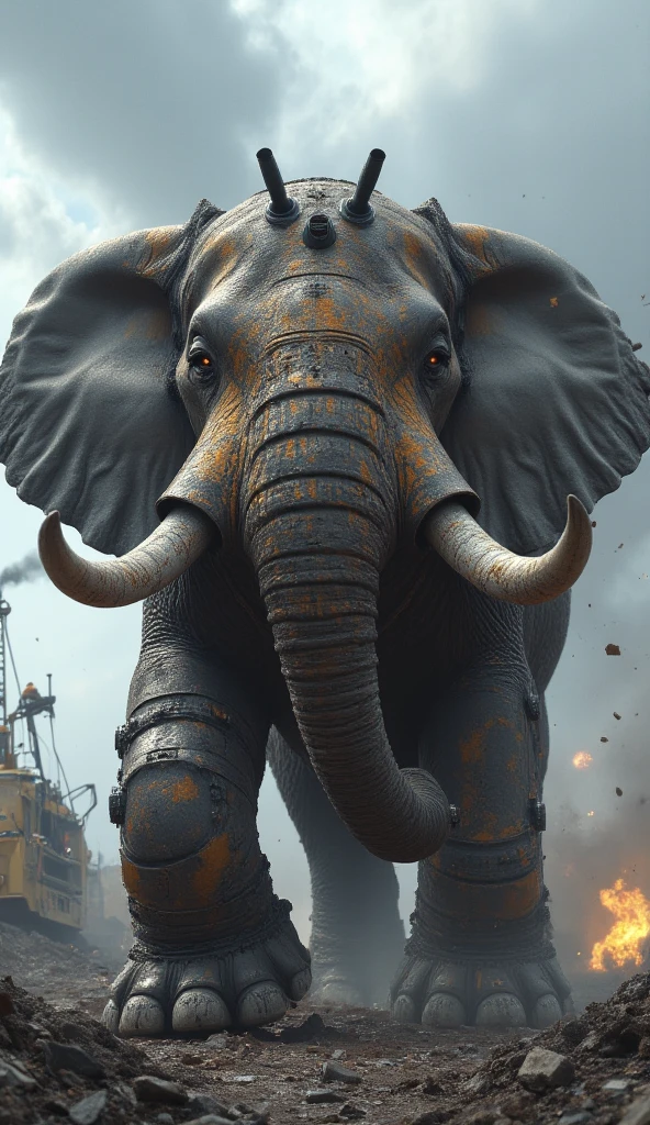 A stunning fusion of an elephant and a bulldozer, combining the might of both. The elephant’s thick, gray skin is plated with reinforced steel, and its tusks are transformed into massive hydraulic arms capable of lifting heavy debris. The head is a blend of organic features and mechanical detail, with glowing eyes and vents releasing steam. Its feet are bulldozer treads, crushing rubble as it moves. The backdrop features a construction site under a cloudy sky, with dust and sparks flying, showcasing the hybrid’s strength and utility.
