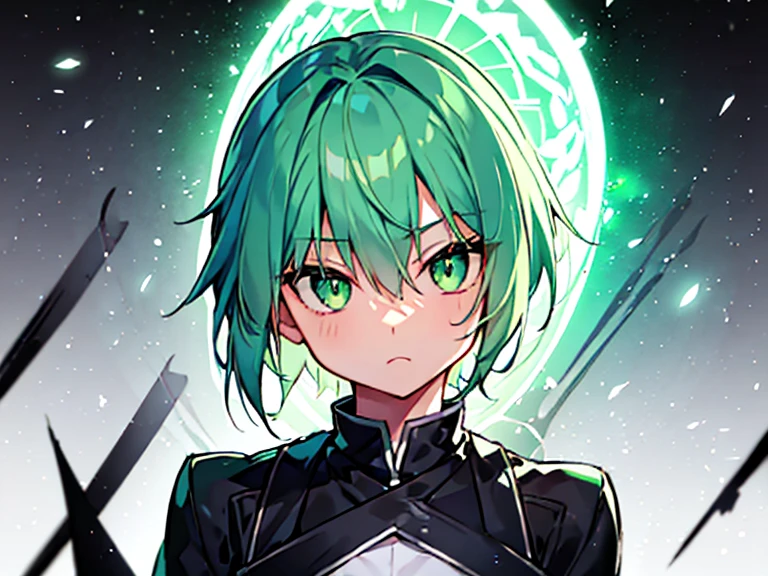  1 boy 、Beautiful face 、grey、 young anime, green hair and green eyes are staring at the camera、 glowing green eyes 、shadow body、Black and white、thin,oblique angle 、Slanted eyes 、cool、dagger、 green sword 、stance、Coolness