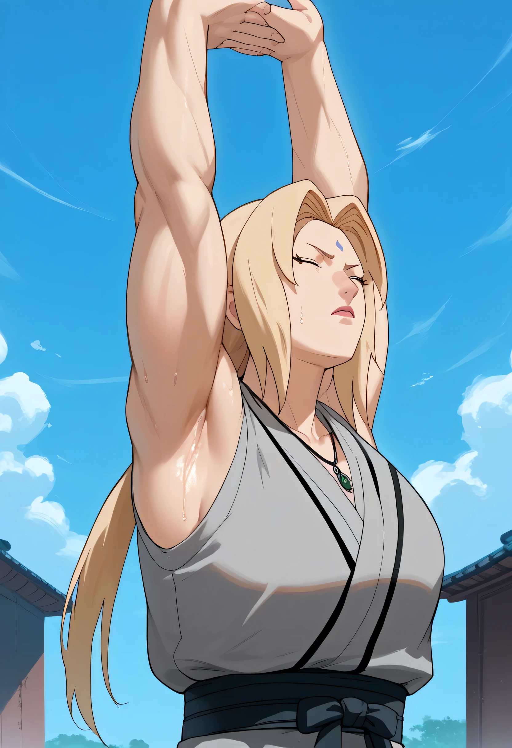 score_9, score_8_up, score_7_up, source_anime, solo, 1girl, Tsunade, armpit open up, standing, stretching, arms up, muscular, grey kimono, sleeveless kimono, black necklace, outdoor, sweaty, clear sky, bright, mature female, cammystretch