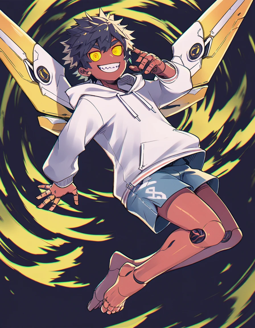 male, solo, messy hair, vibrant eyes, white hoodie, evil smile, large smile with teeth, robot, robotic wings with rockets, flying, barefoot, bare feet, shorts, skintone