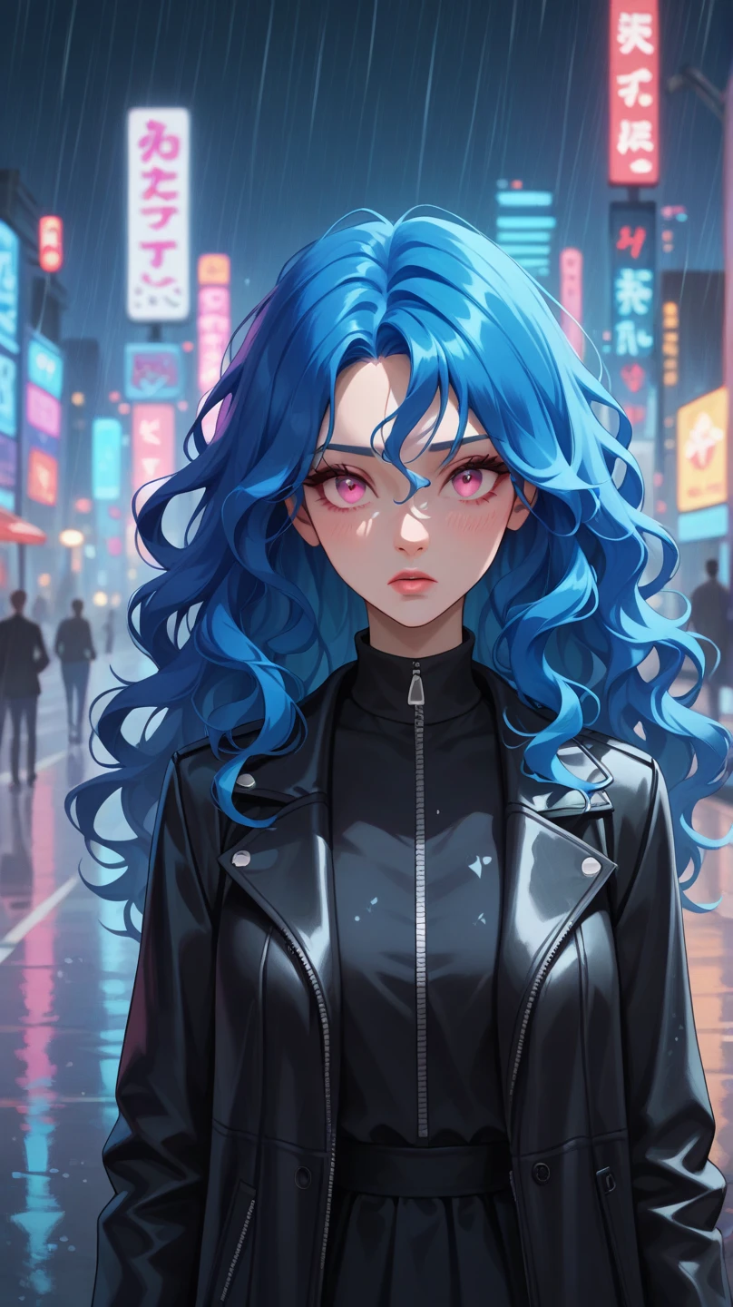 woman long wavy dark teal blue hair, pink eyes, poker face, dress with black jacket, long road, city rain, long wavy hair, look above