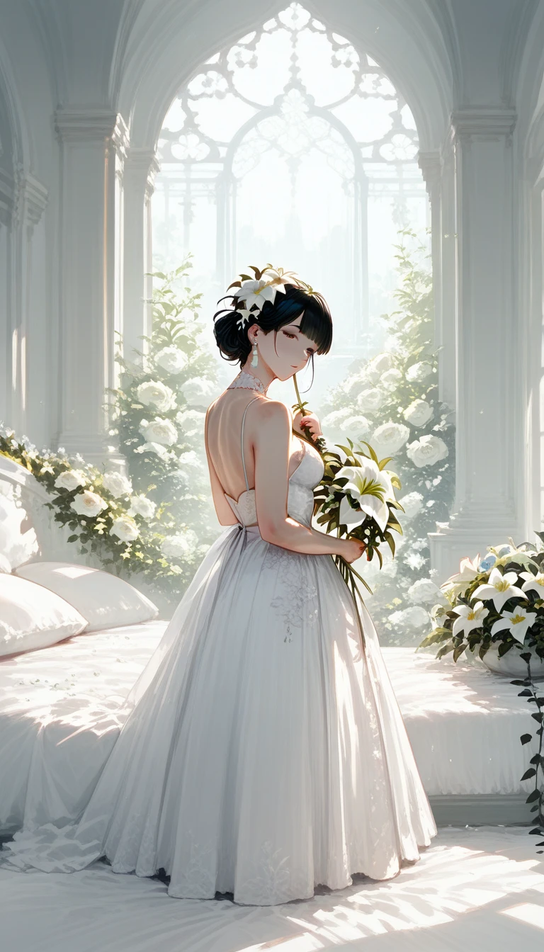 1 girl, white dress, black hair, standing alone in the middle of flower bed, white flower, lots of flower, cinematic, beautiful 