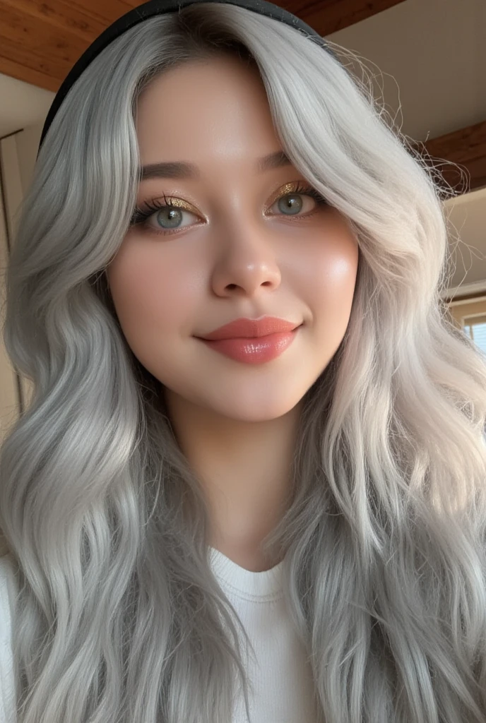   A beautiful woman with beautiful eyes :1.2, detailed eyes,(light blue eyes)beautiful full lips ,(lips painted in gold color ) highly detailed eyes and faces,  Long eyelashes,( silver hair),( Long wavy hair) cute expression, smile,  session:1.4,home background  , , chimney, warm light,  lighting and detailed shadows ,  anime style , 8K, Hi-Nothing,  Masterpiece:1.4,  bright colors,brasier navideño pechos super enromes a la luz de la chimney..