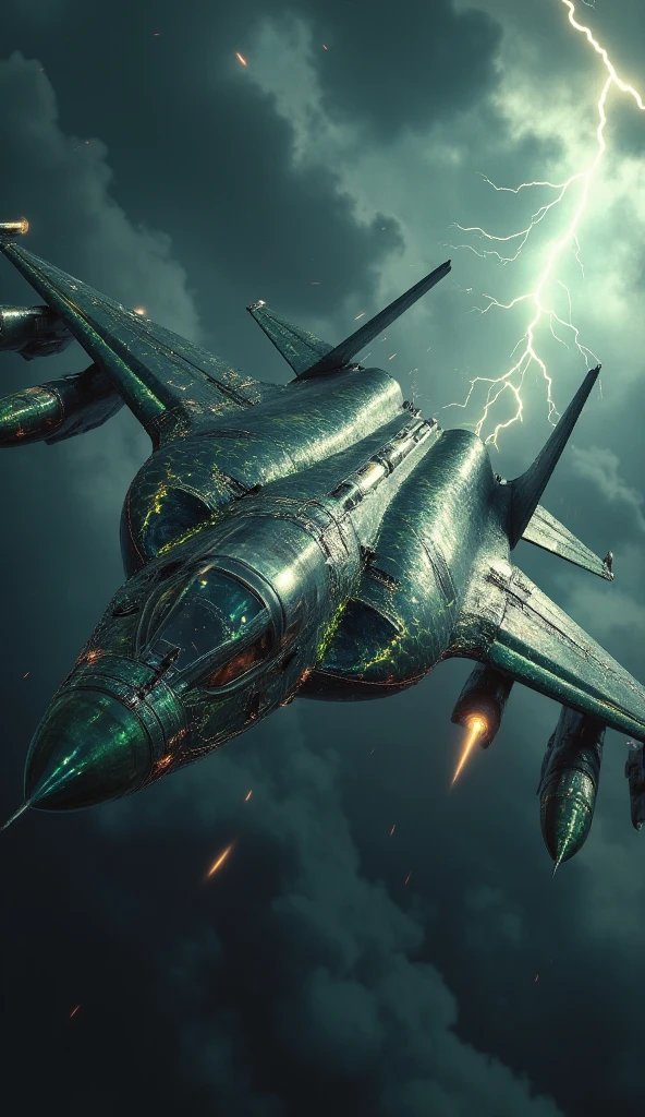 A terrifying and sleek hybrid of a cobra and a fighter jet. The jet’s body is painted with scale-like patterns, shimmering in shades of black and green. The cockpit forms the snake’s head, complete with fangs that double as missile launchers. The jet’s wings resemble the cobra’s hood, spreading wide as if ready to strike. Its tail fin extends into a coiled mechanical snake tail that propels it in flight. The hybrid soars through a dramatic sky filled with lightning and storm clouds, exuding speed and danger.