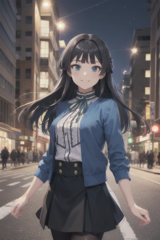 (masterpiece,  top quality ,  super detailed ), ( perfect face,  detailed face ), ( detailed background,  complex background:1.2), full-face , (smile:1.2), wind, windy,  is watching viewers,
Mogami Def,  black hair,  long hair, , bangs,  blue eyes,  side lock, blunt bangs,  skirt,  shirt,  Long Sleeve ,  jacket, white  shirt,  pantyhose, frills, Open the clothes, black  skirt, open  jacket, neck ribbon, ribbon,  hair intakes, blue  jacket, brown  pantyhose, green ribbon, center frills, frilled  shirt, ( cowboy shot:1.5),  tilting your head , Alone,  standing with different breasts ,
( outdoors on the street at night,  building, city, modern city)