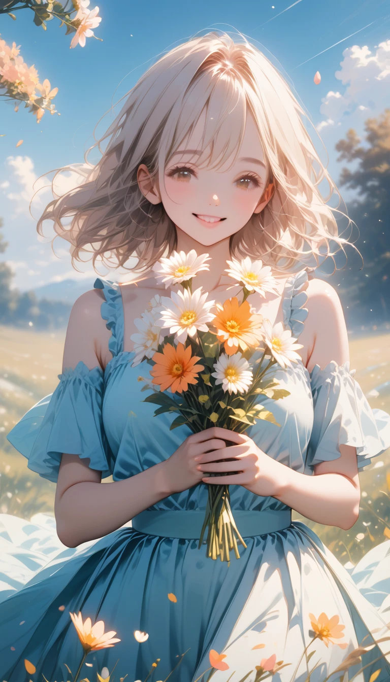 ((High resolution, accurate, Best Quality, masterpiece)), A girl holding flowers, colorful petal floating in the sky, meadow, pale tone, pastel colors, (Soft Focus), (Happy)