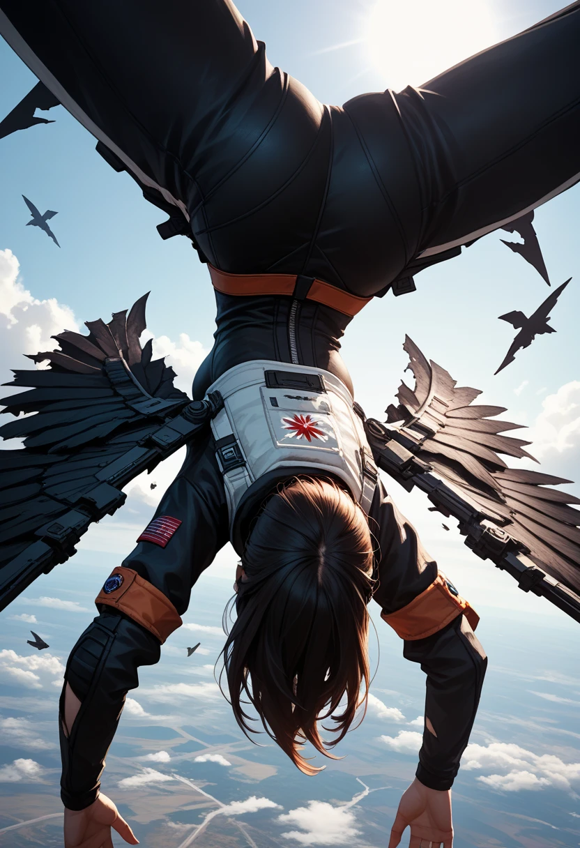 Score_9, score_8_up, score_7_up, 1woman, in free fall, viewed from above, (viewed from behind:1.37), (upside down), high altitude scene, plummeting head first towards Earth, the curve of the planet is visible, dressed in modern space suit, ((black wings extend from her back)), (badly damaged wings:1.3)