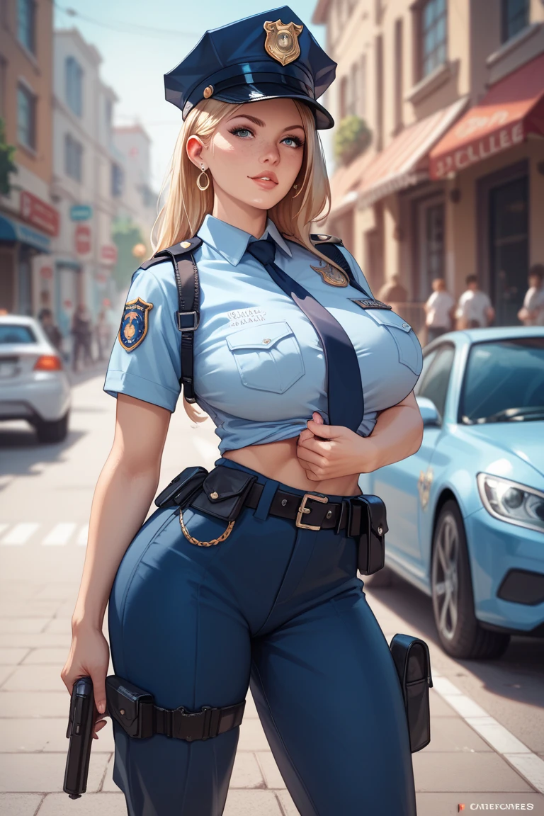 portrait of a 70-year-old woman with long gray hair, seductive gaze, green eyes, some wrinkles on her face,  8k, detailed background, utlra realistic, realism, exta realistic, wrinkles on body, police department background , police office background, police department corridor background, police officer suit, random sexy pose,  police officer clothes with high neckline, showing full body, full body, extra small titts, small breasts, looking at viewer from below, light smile, teeth indoors,soft lighting, extreme detail, hdr, long ponytail hair, very fit female athletic sexy muscle body