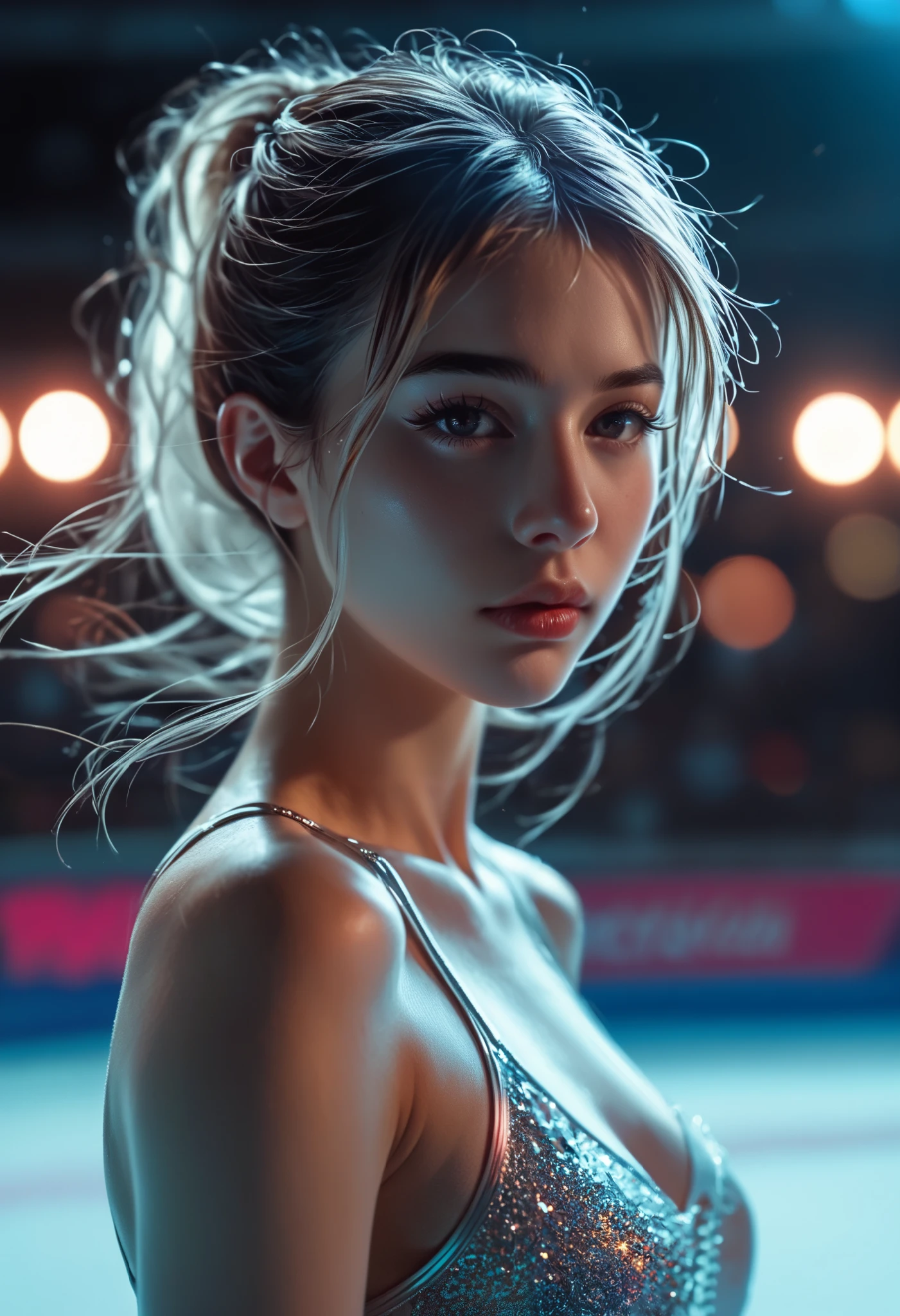 A beautiful ice skater performing a spinning jump, detailed face, long eyelashes, athletic body, elegant pose, ice rink, spotlights, dramatic lighting, neon colors, cinematic composition, hyperrealistic, 8k, intricate details, volumetric lighting, photorealistic, concept art styl、、